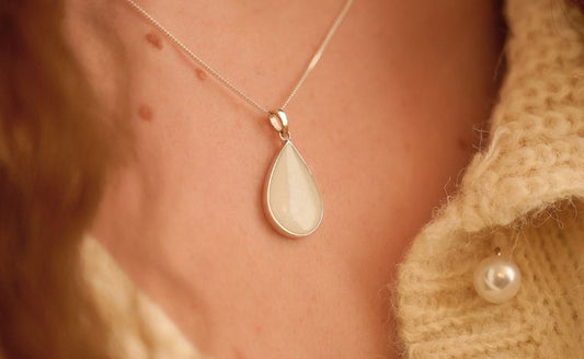 Sterling Silver teardrop cremation necklace with white resin on model
