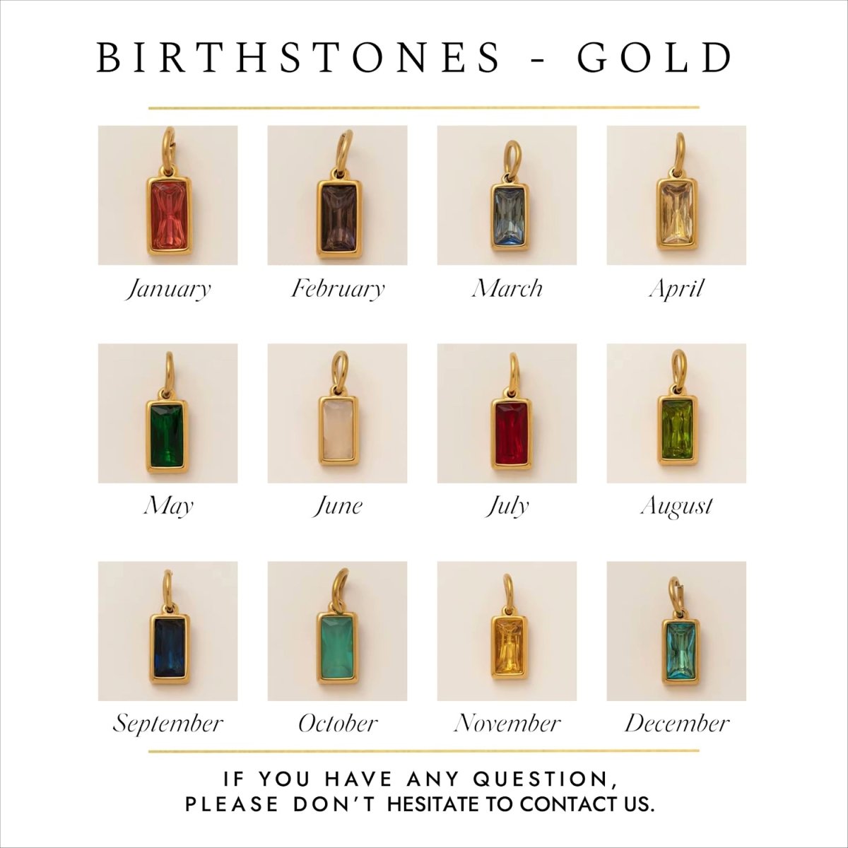 Gold pendants with birthstones for each month on a white background