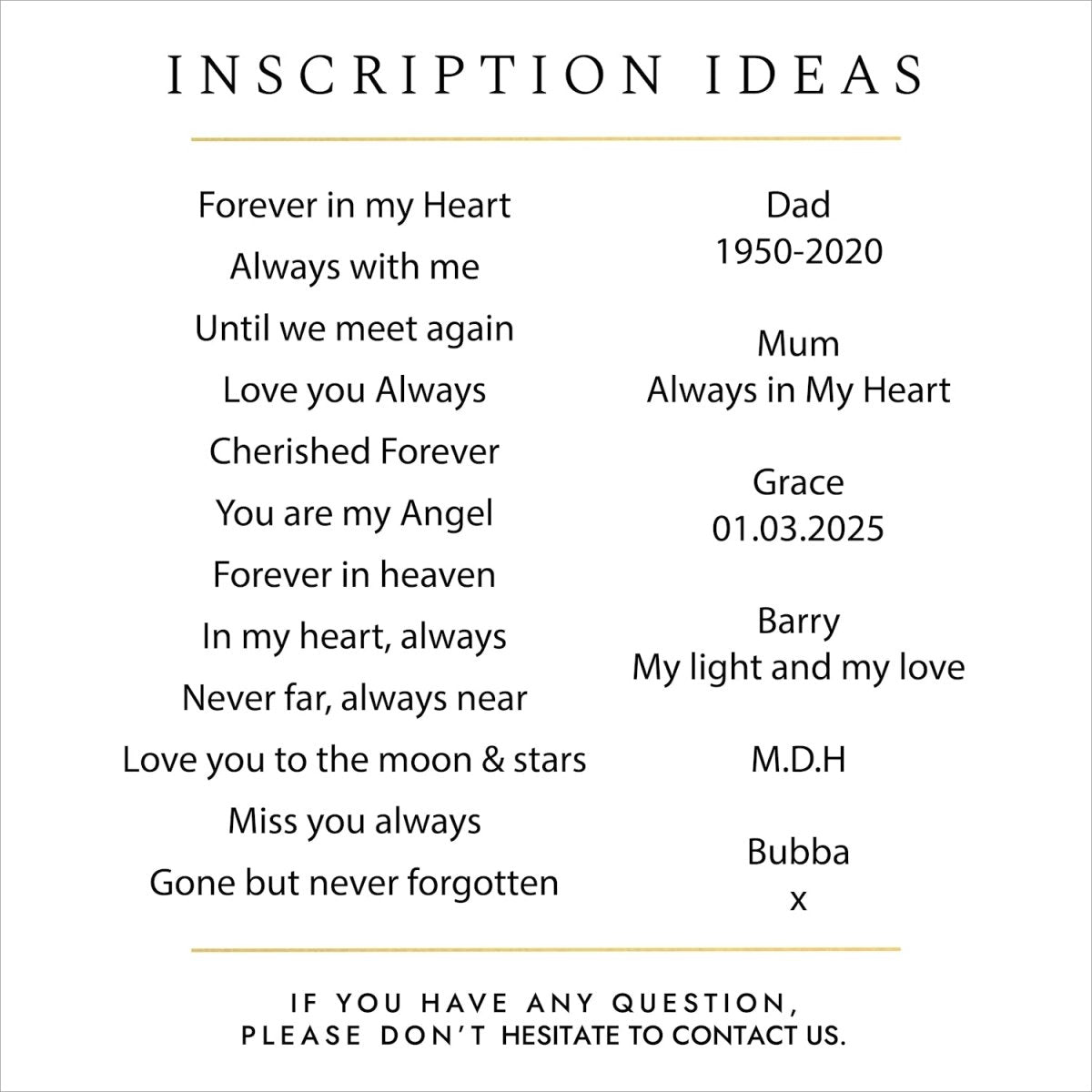 Example inscriptions for personalised men's memorial pendant – meaningful Father's Day gift for someone grieving