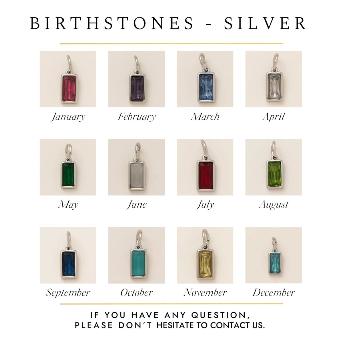 Collection of silver pendants with birthstones for each month on a white background.