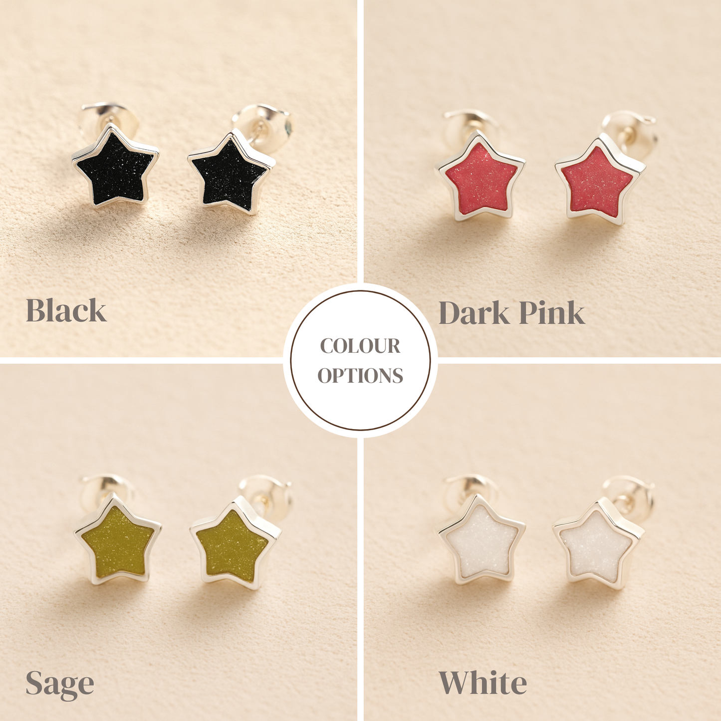 Star-shaped ashes earrings in black, dark pink, sage, and white on a beige background.