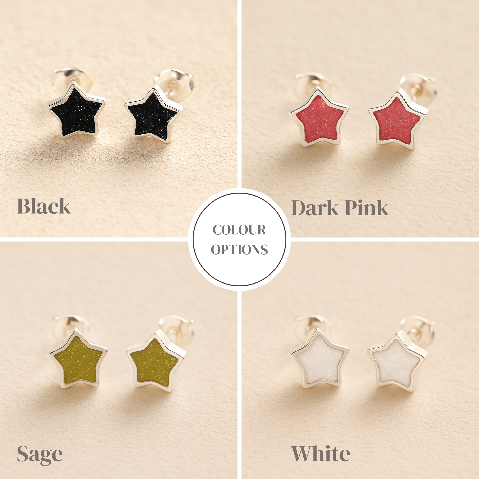 Star-shaped ashes earrings in black, dark pink, sage, and white on a beige background.