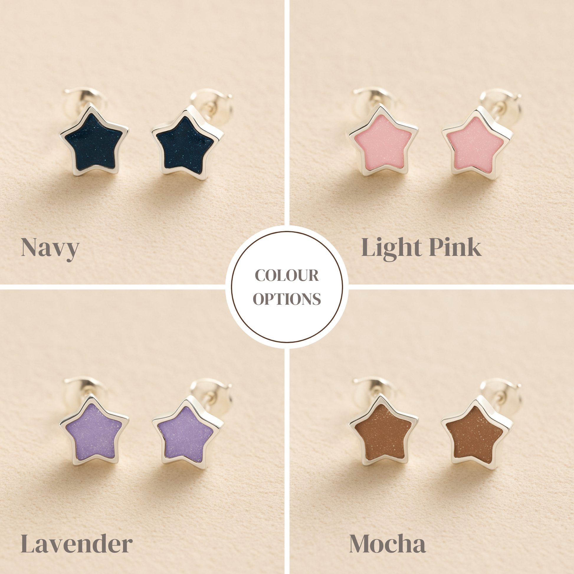 Star-shaped ashes earrings in navy, light pink, lavender and mocha on a beige background.