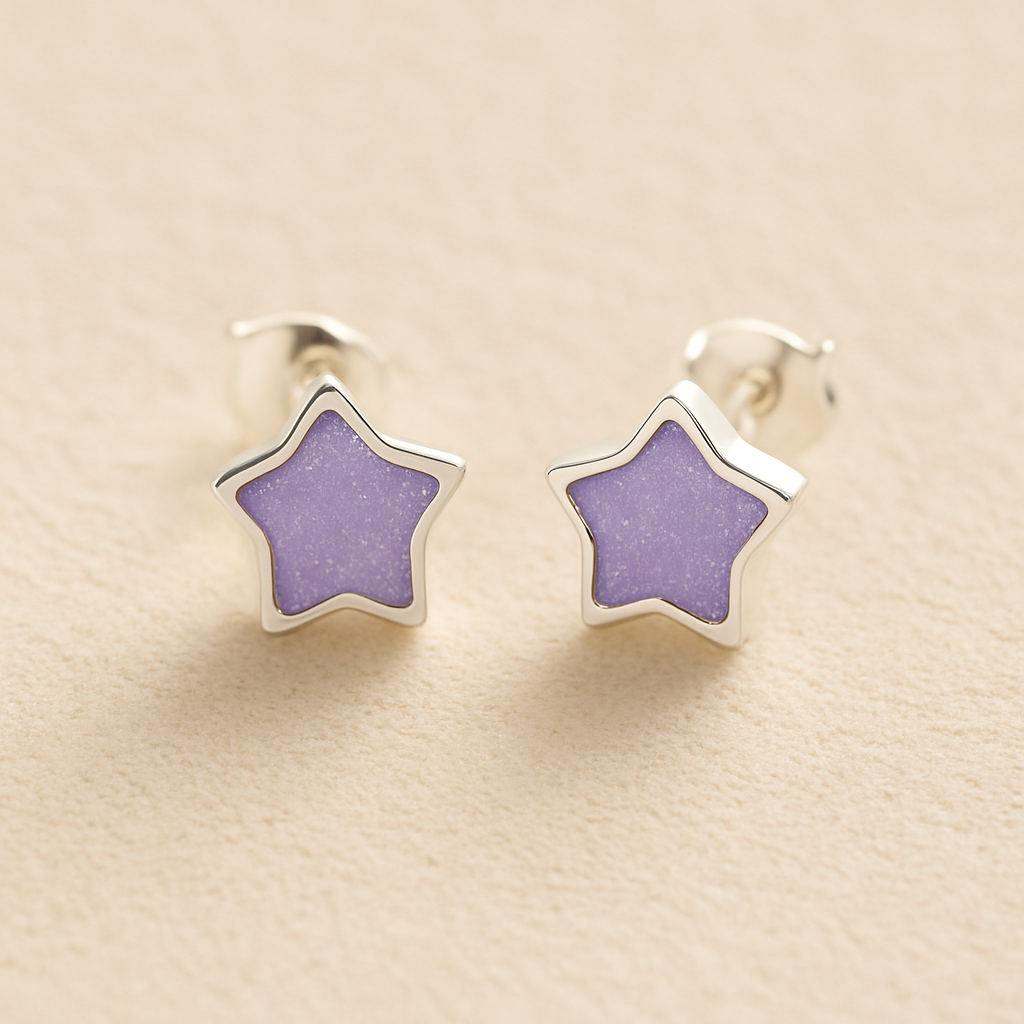 Silver Star-Shaped Memorial Earrings with lavender resin on a beige background