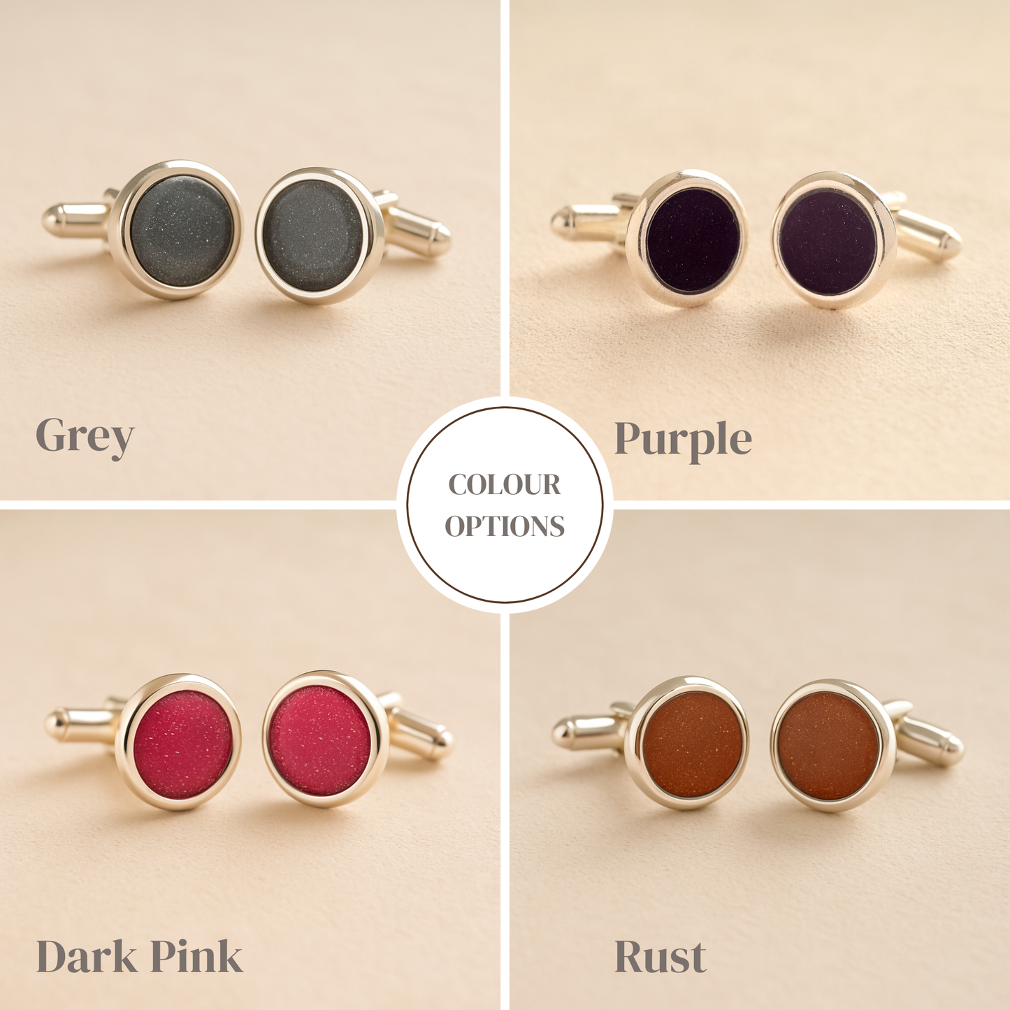 Silver Ashes Cufflinks in grey, purple, dark pink, and rust colors on a beige background.