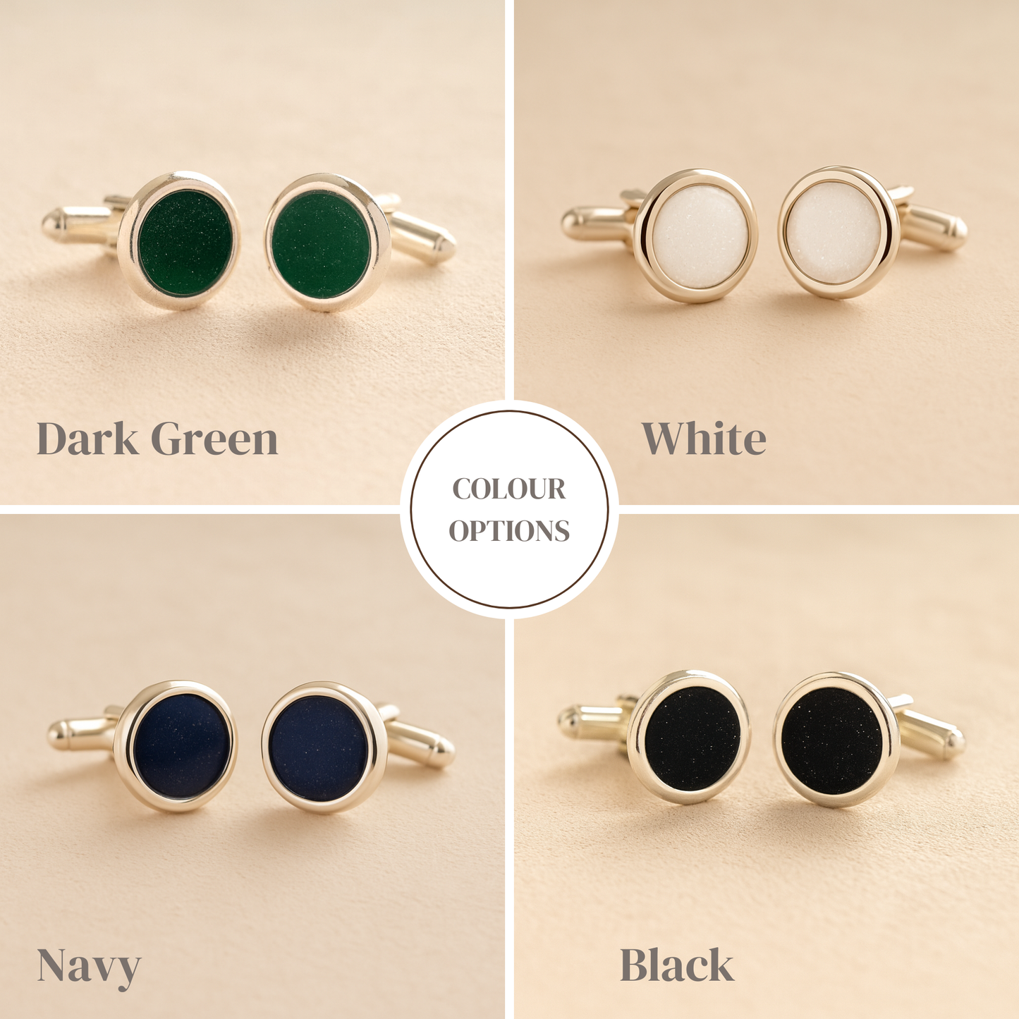 Ashes Cufflinks in dark green, white, navy, and black on a beige background with color options text.