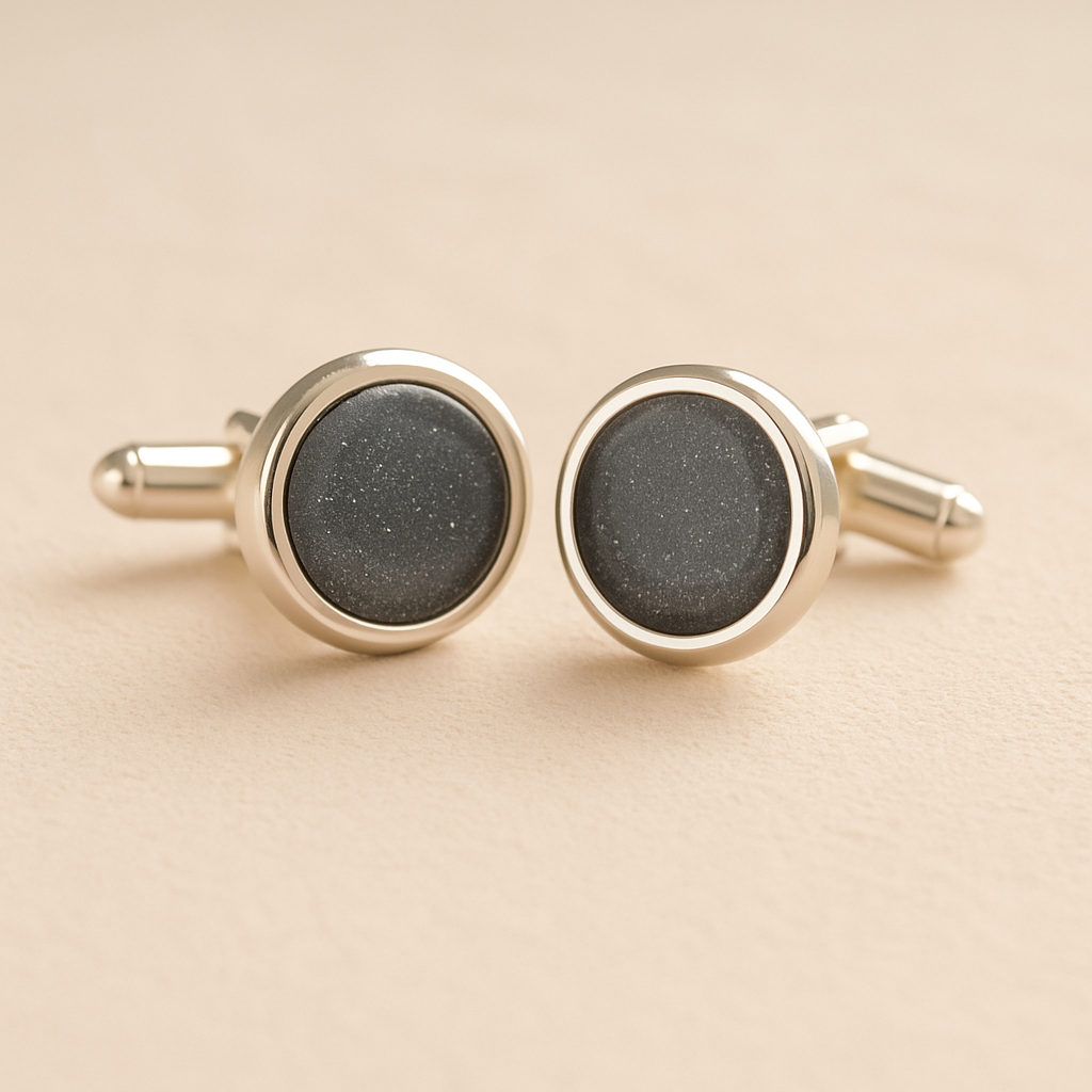 Silver Round Ashes Cufflinks with grey resin with ashes or fur on a beige background