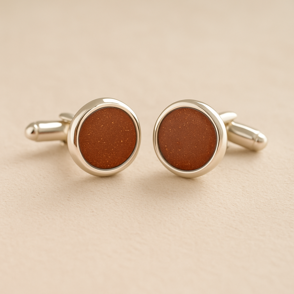 Silver Memorial Ashes Cufflinks with rust resin with ashes or fur on a beige background