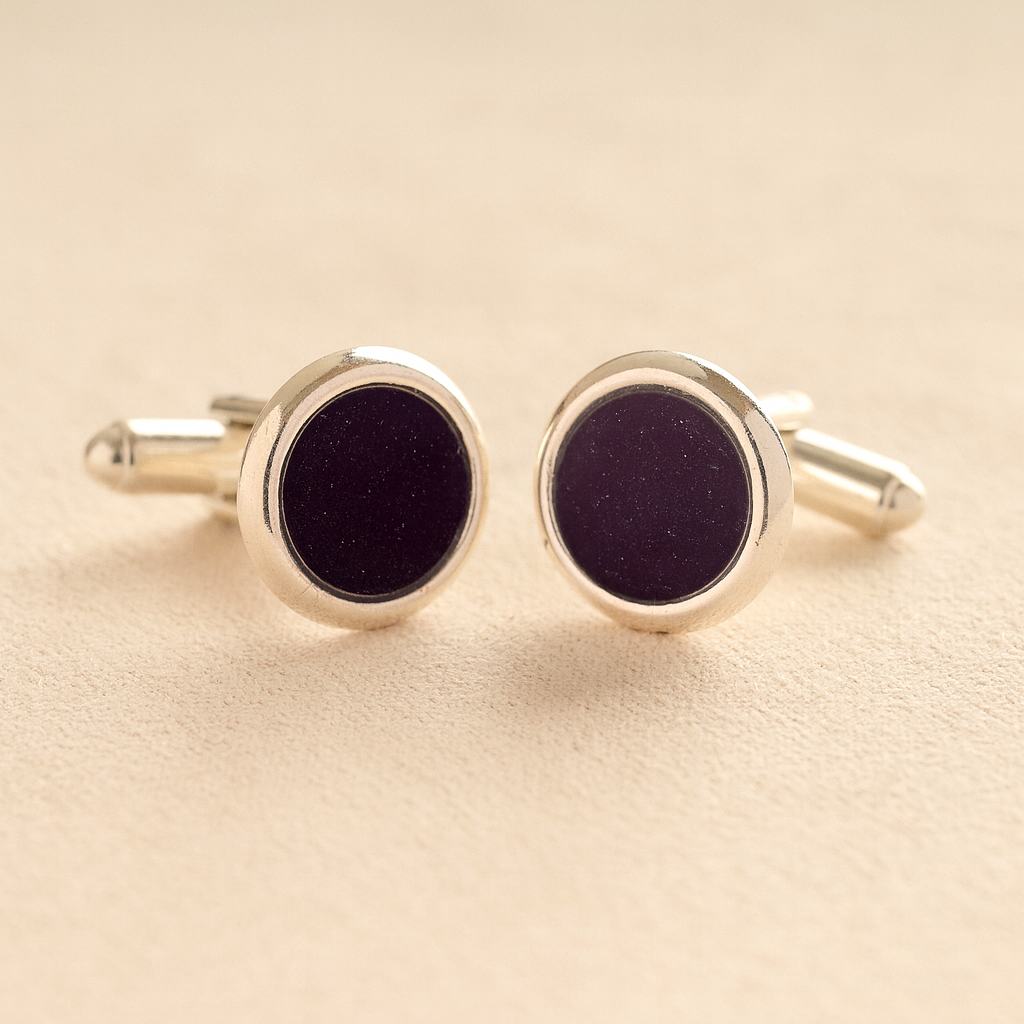 Silver Round Ashes Cufflinks with purple resin with ashes or fur on a beige background
