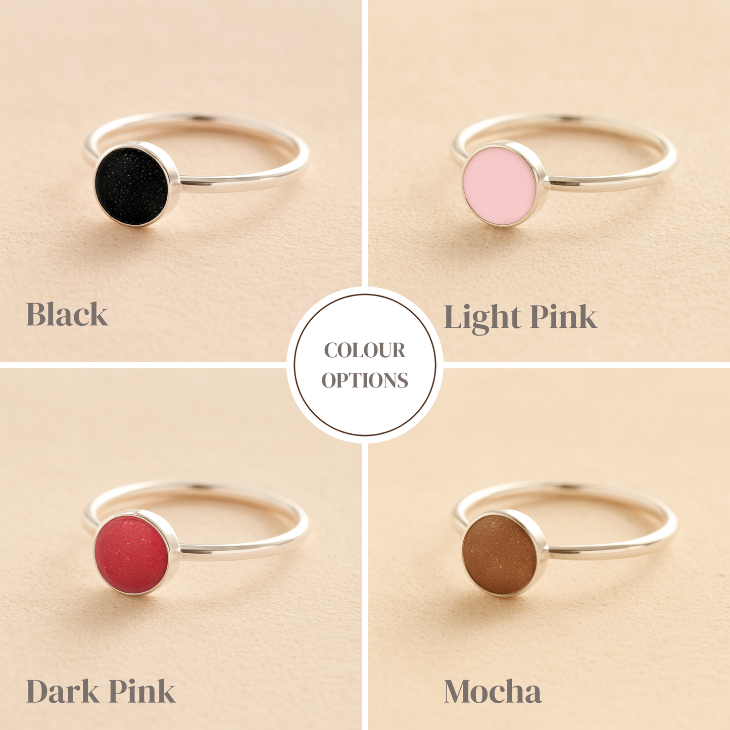 Four ring options with color swatches labeled Black, Light Pink, Dark Pink, and Mocha on a beige background.