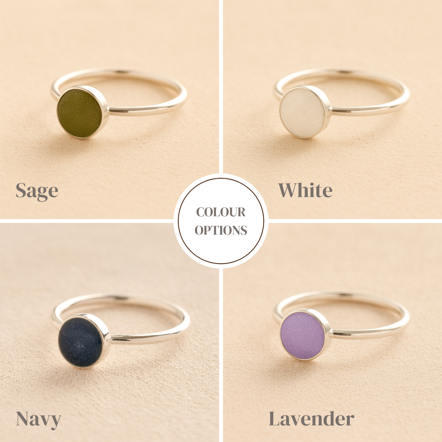 Four silver rings with colored stones on a beige background, labeled Sage, White, Navy, and Lavender.