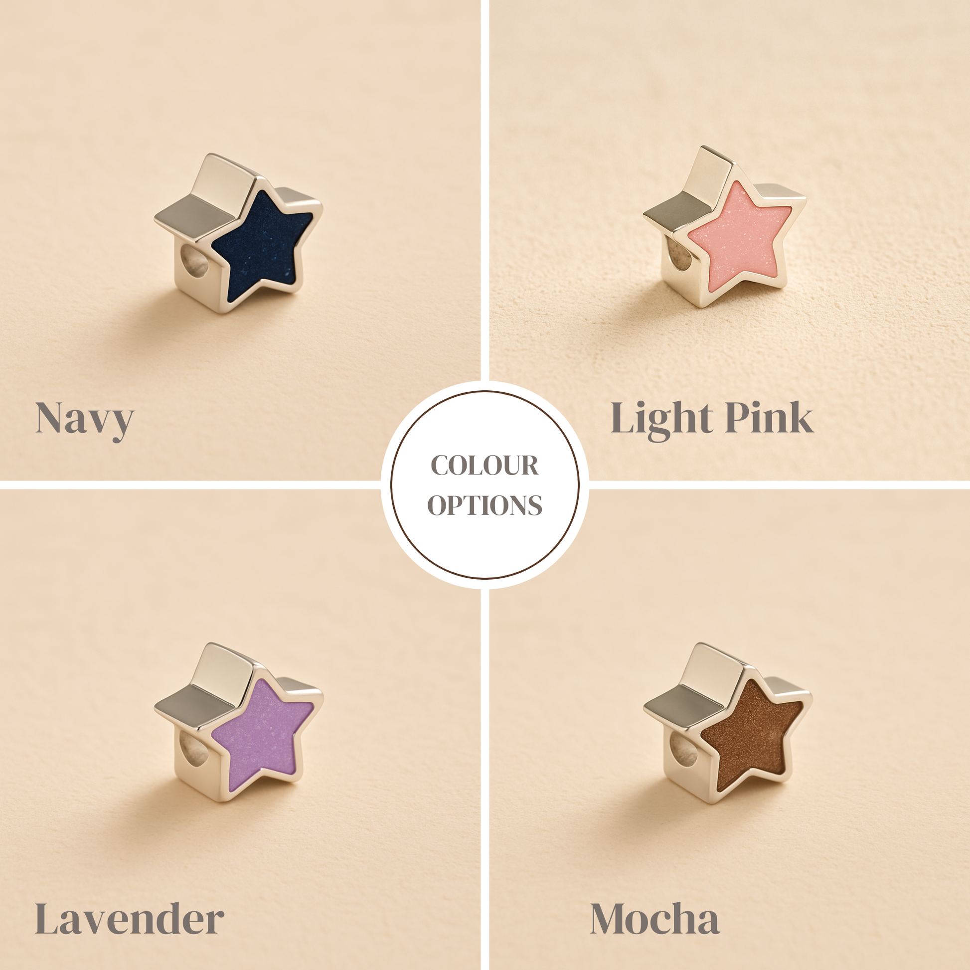 Star-shaped ashes charms in navy, light pink, lavender, and mocha colors on a beige background.