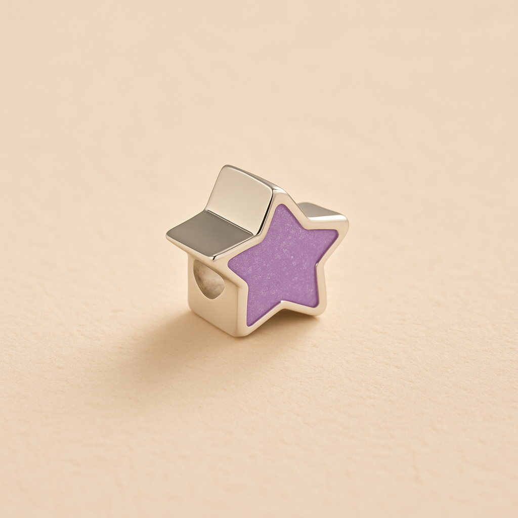 Silver Memorial Star Charm Bead with white resin on a beige background