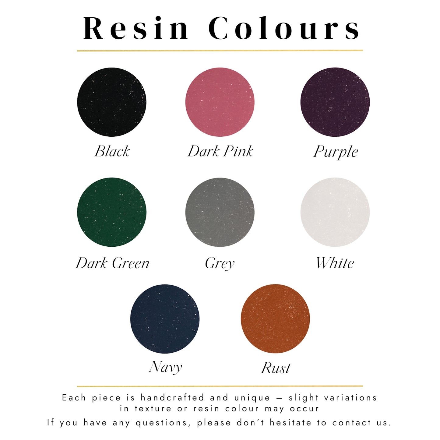 Color swatches of resin colors including black, dark pink, purple, dark green, gray, white, navy, and rust on a white background.