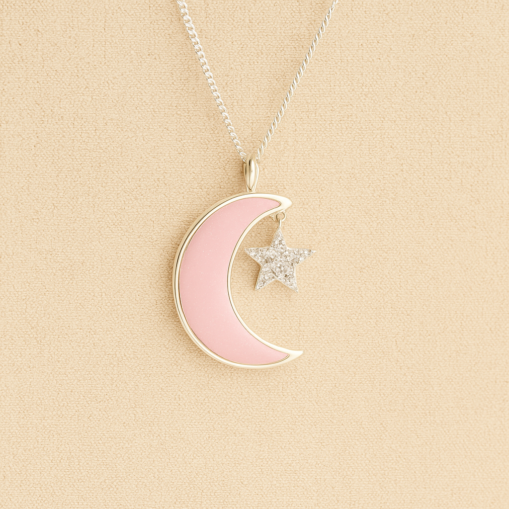 Moon and Star Cremation Necklace with light pink resin filled with ashes or fur on a beige textured background