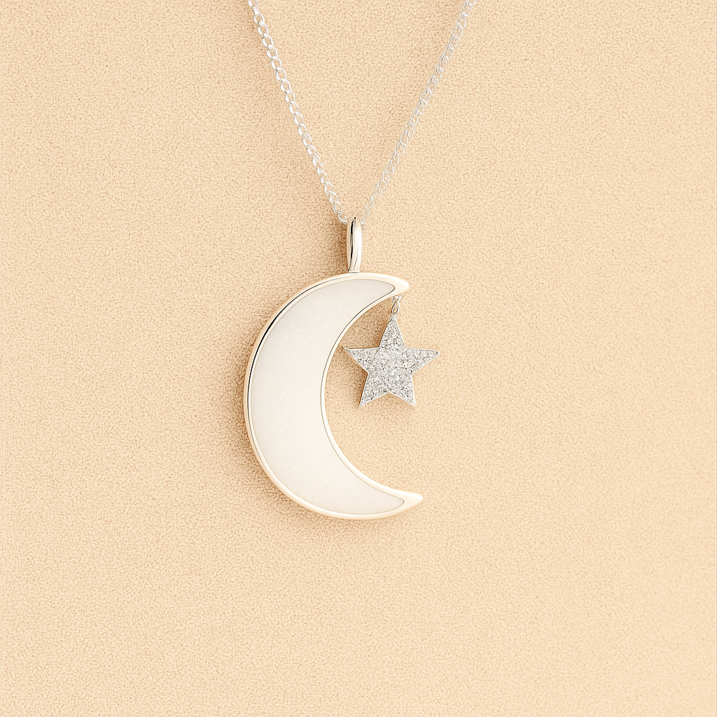 Moon and Star Ashes Necklace with white resin filled with ashes or fur on a beige textured background