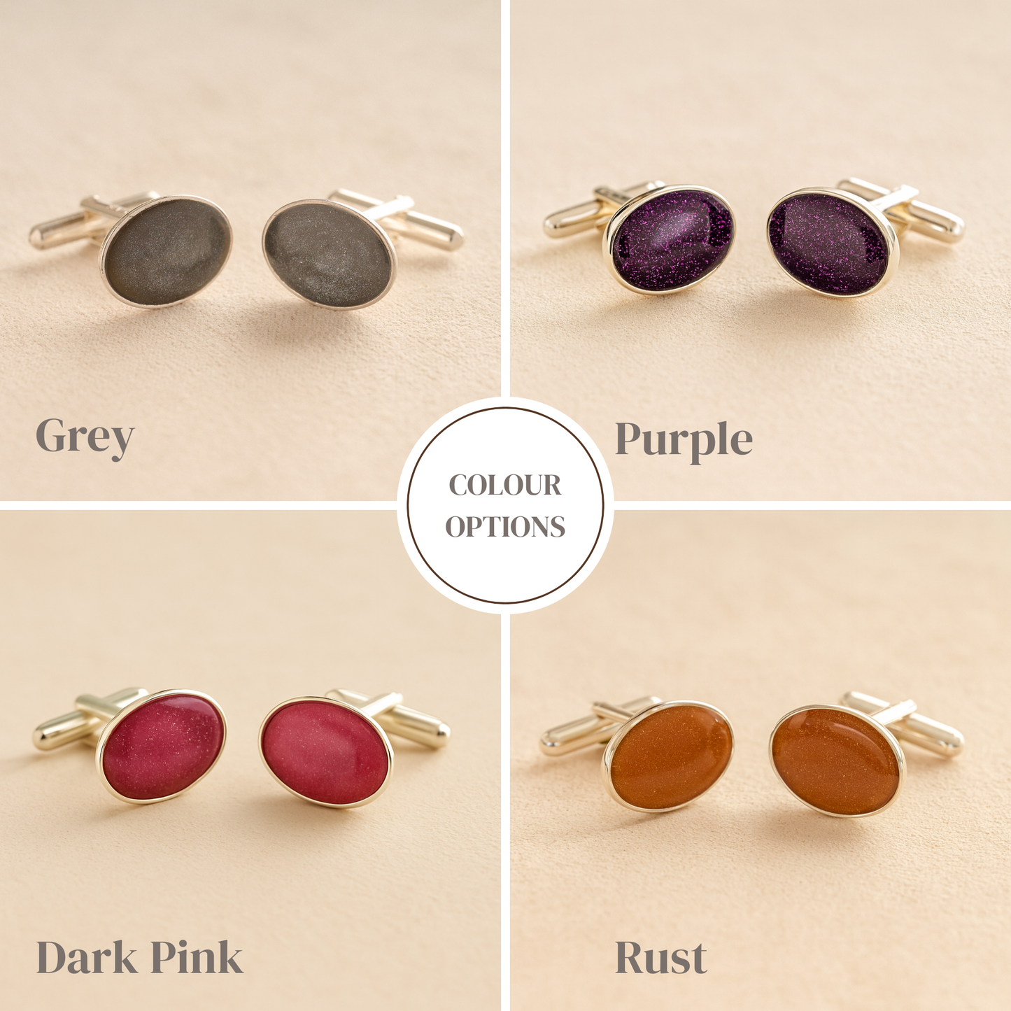Silver oval cremation ashes cufflinks with a grey, purple, dark pink and rust resin infill made with ashes or fur examples on a beige background