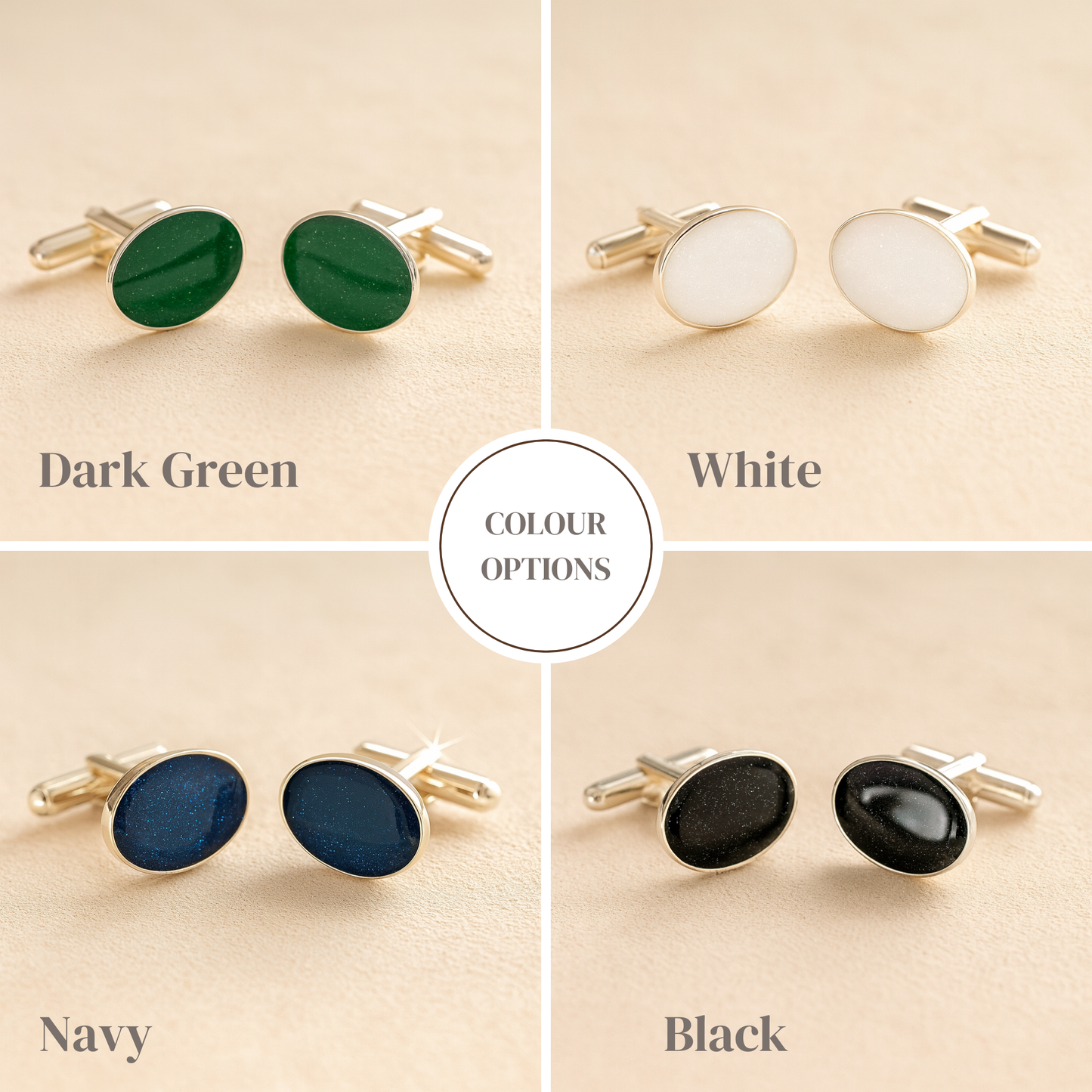 Silver oval cremation ashes cufflinks with a dark green, white, navy and black resin infill made with ashes or fur examples on a beige background