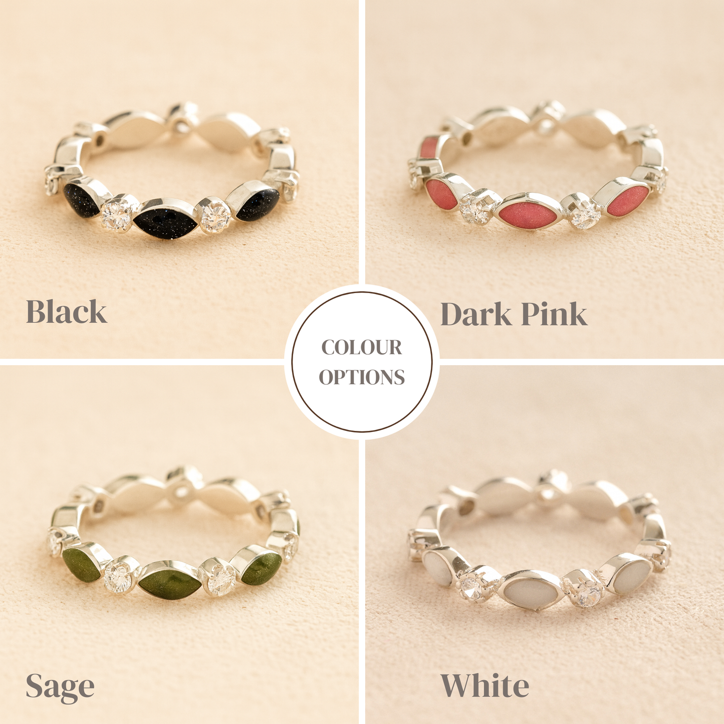 Silver cremation ashes ring with colour examples of resin and crystal accents, filled with ashes or fur, displayed on a soft beige background – suitable for pet or human memorials.