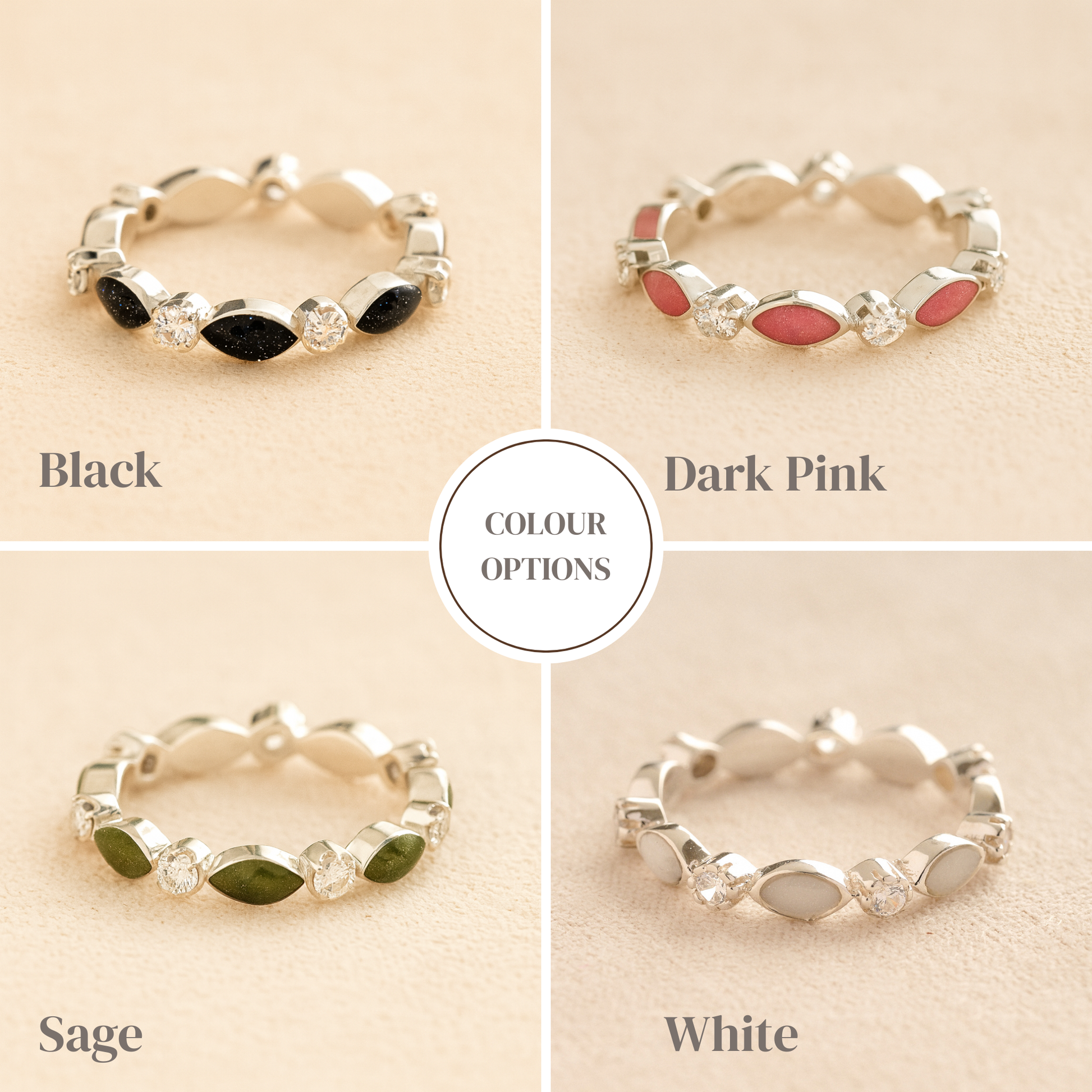 Silver cremation ashes ring with colour examples of resin and crystal accents, filled with ashes or fur, displayed on a soft beige background – suitable for pet or human memorials.