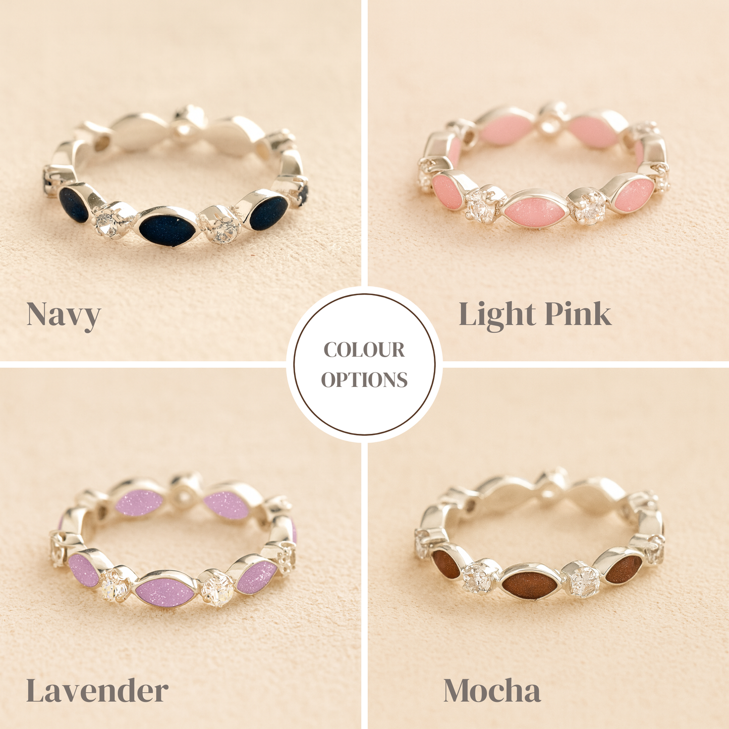 Silver cremation ashes ring with colour examples of resin and crystal accents, filled with ashes or fur, displayed on a soft beige background – suitable for pet or human memorials.