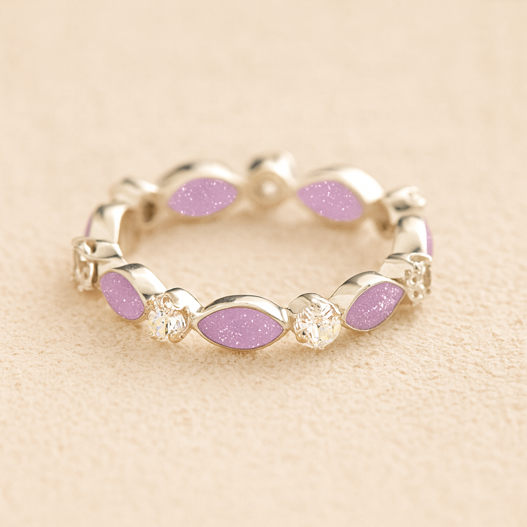 Silver cremation ashes ring with Lavender resin and crystal accents, filled with ashes or fur, displayed on a soft beige background – suitable for pet or human memorials.