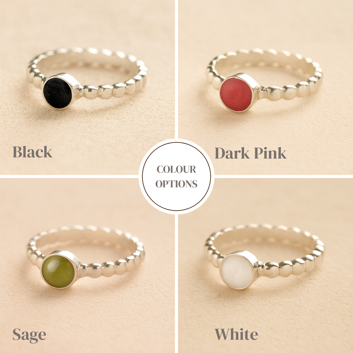 Four silver memorial rings with colored resin on a beige background, labeled 'Black', 'Dark Pink', 'Sage', and 'White'.