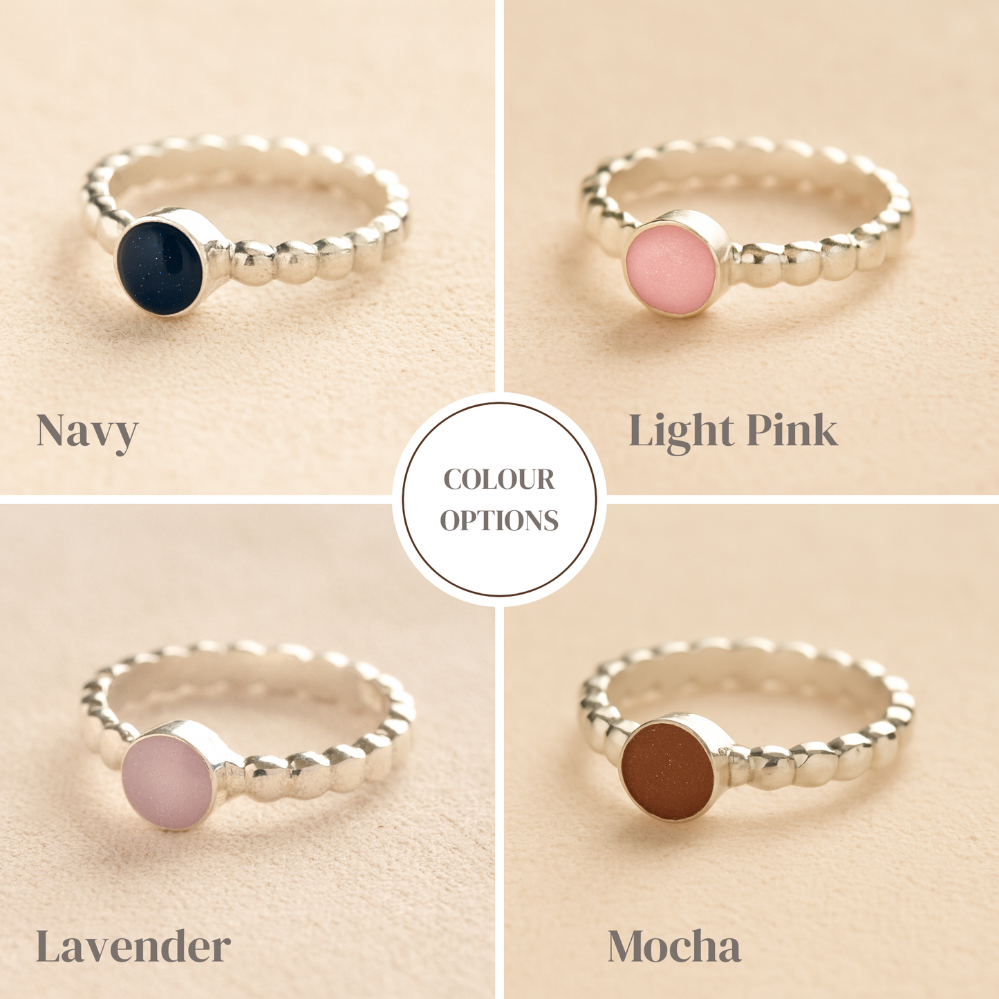 Four silver ashes rings with colored resins on a beige background, labeled 'Navy', 'Light Pink', 'Lavender', and 'Mocha'.