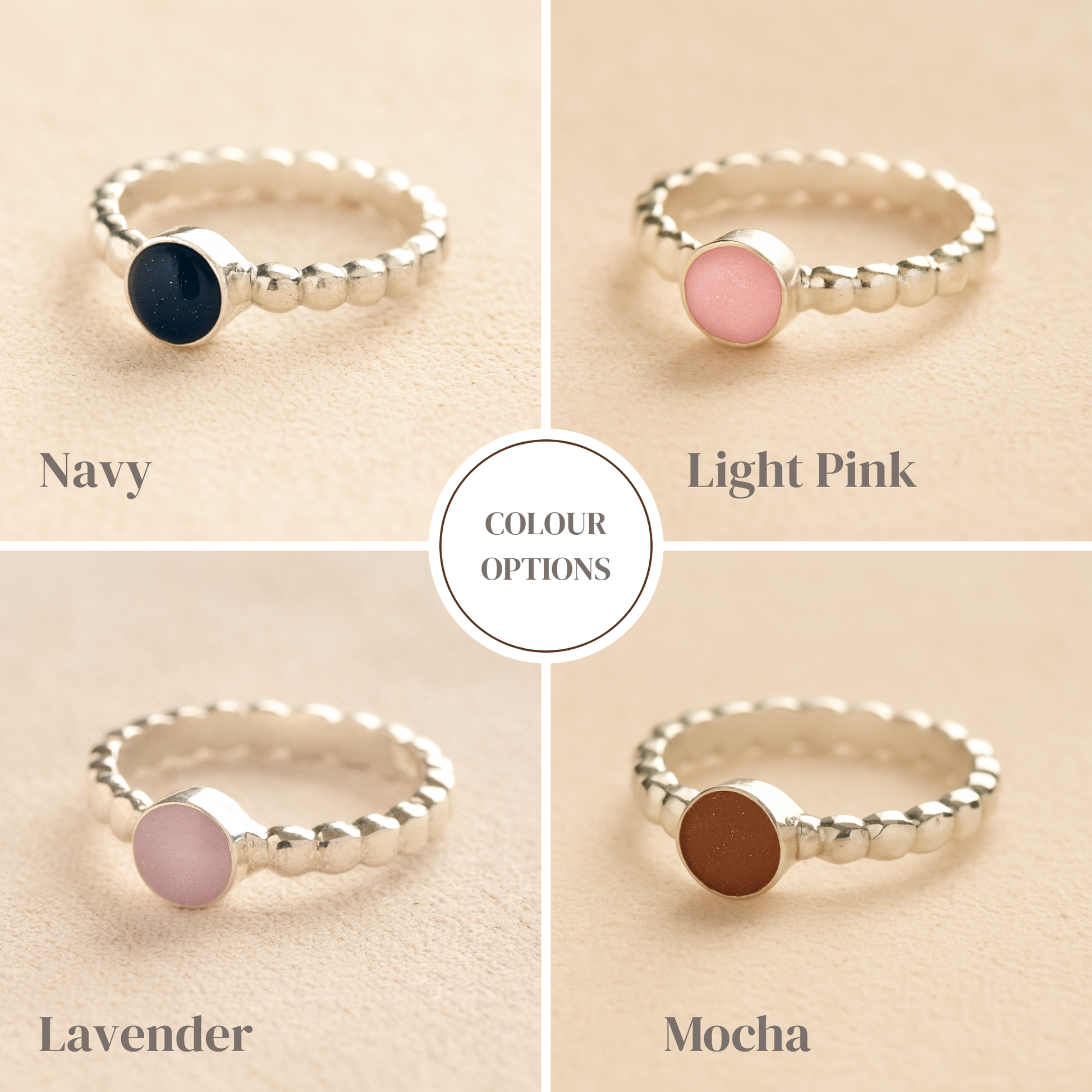 Four silver ashes rings with colored resins on a beige background, labeled 'Navy', 'Light Pink', 'Lavender', and 'Mocha'.