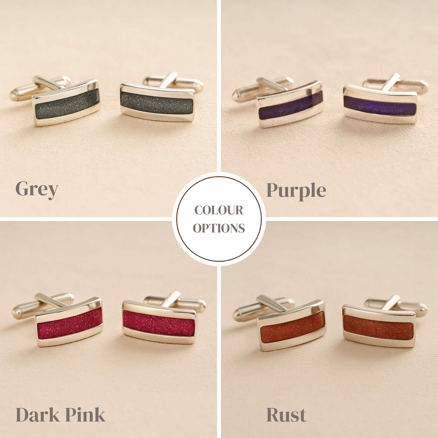 Silver Curved Ashes cufflinks in grey, purple, dark pink and rust coloured resin inlay