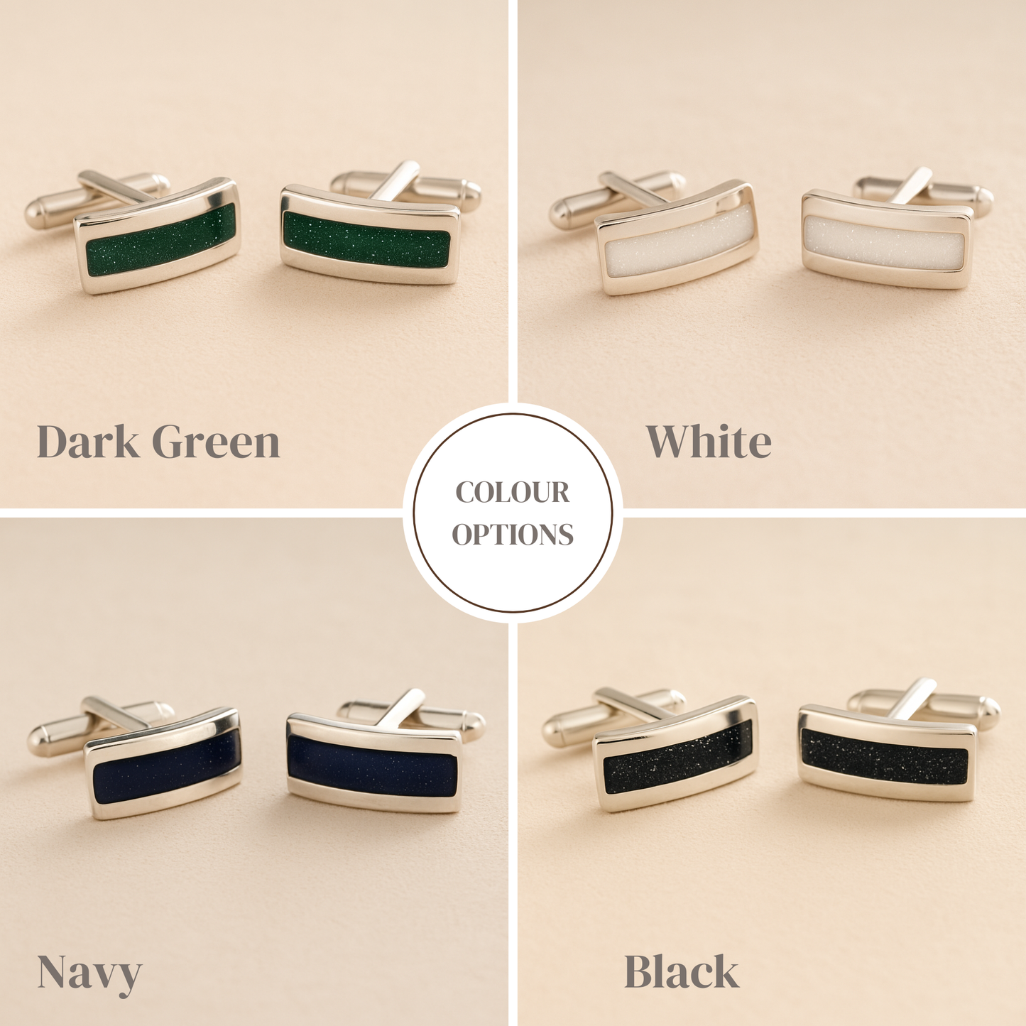 Silver Curved Ashes cufflinks in dark green, white, navy and black coloured resin inlay