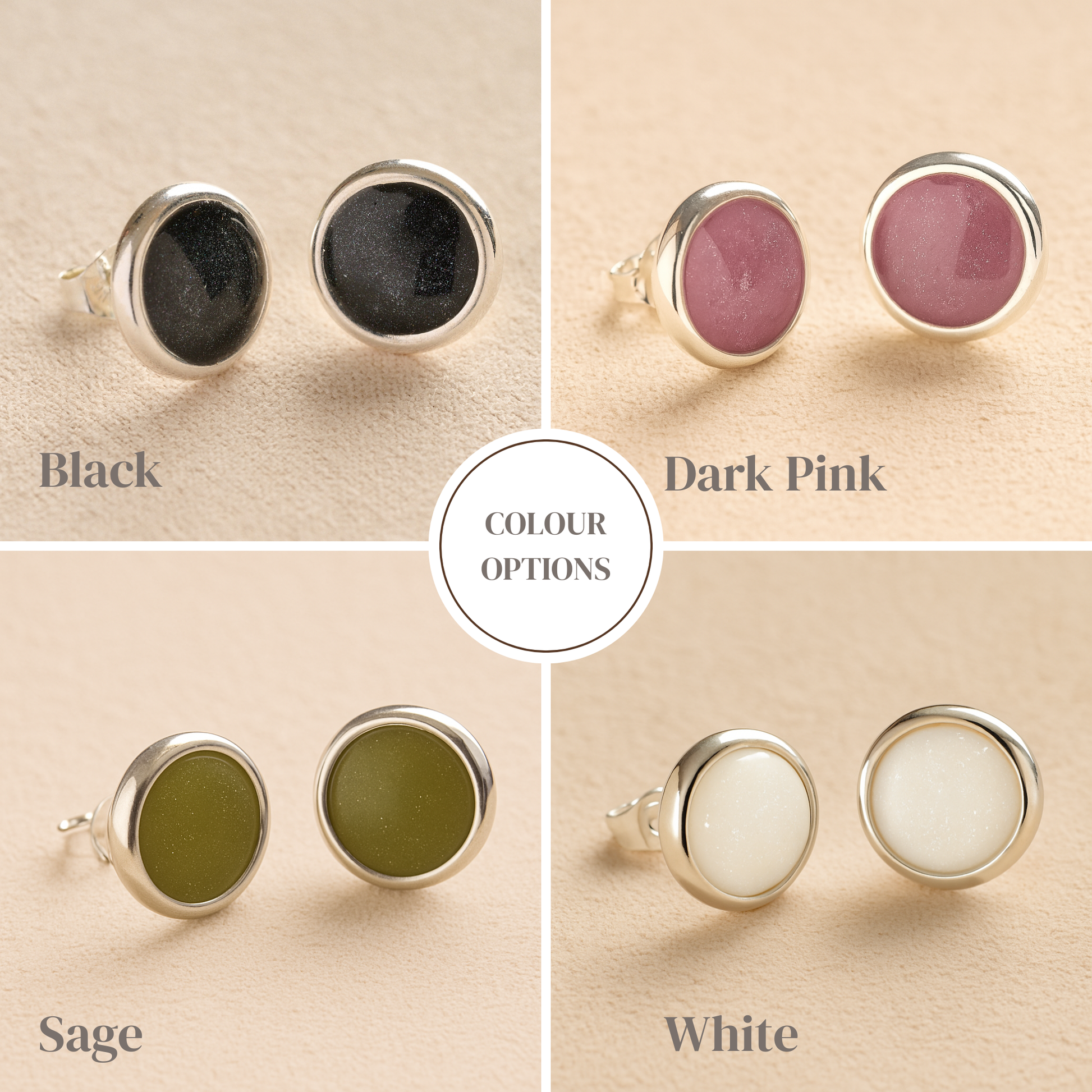 Color options for round ashes earrings displayed on a beige background