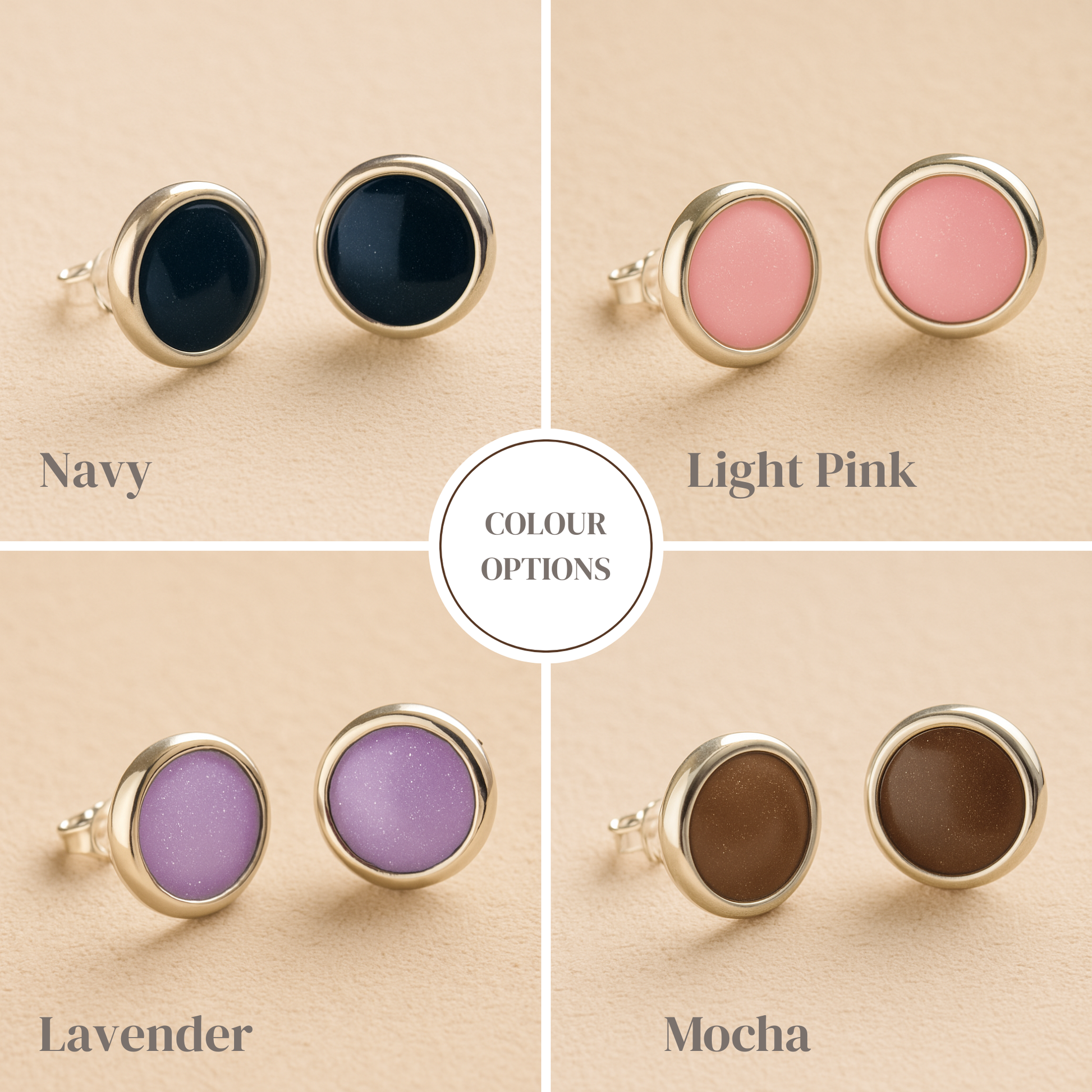 Color options for ashes earrings displayed on a beige background