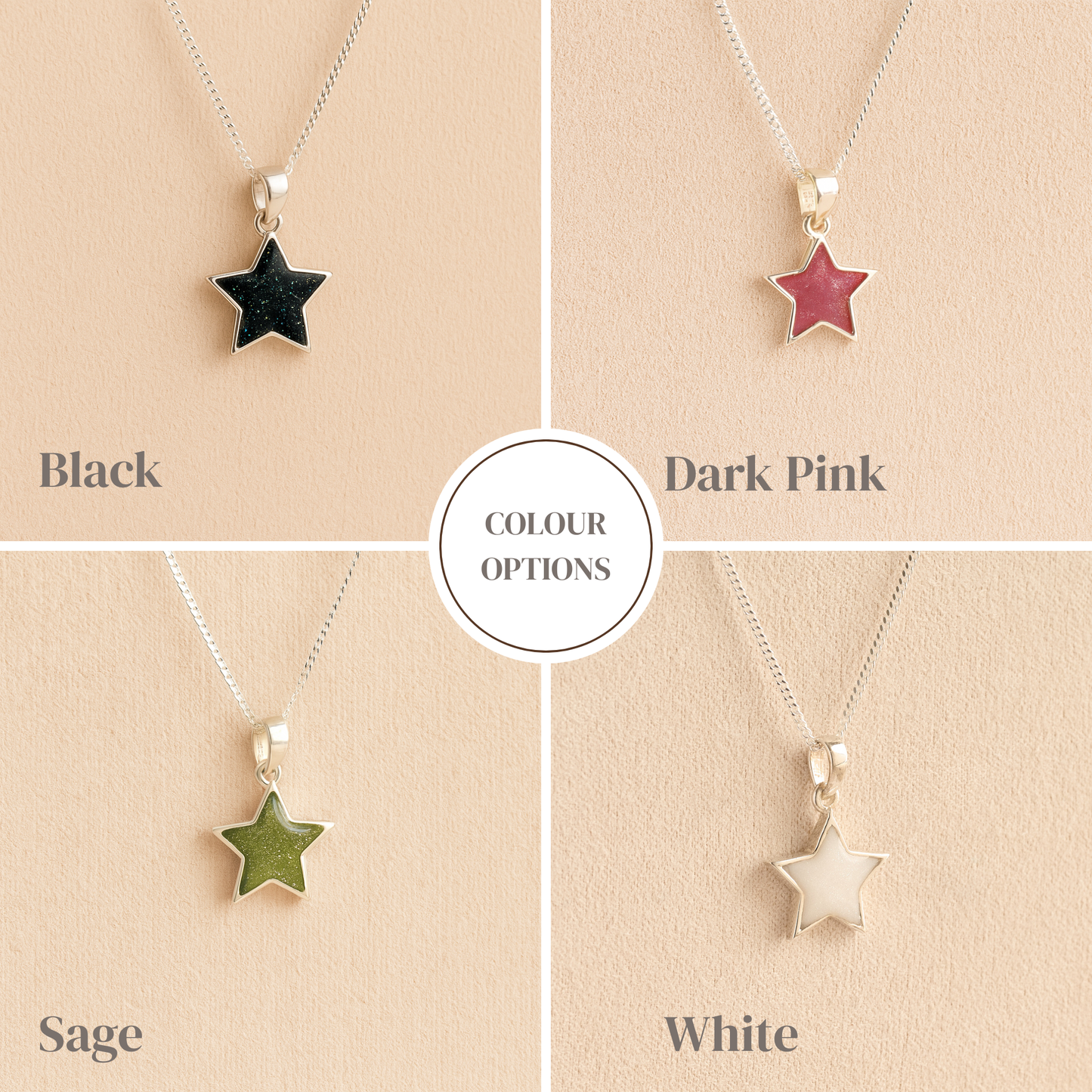 Silver star memorial necklaces with black, dark pink, sage and white resin colour examples on a beige background