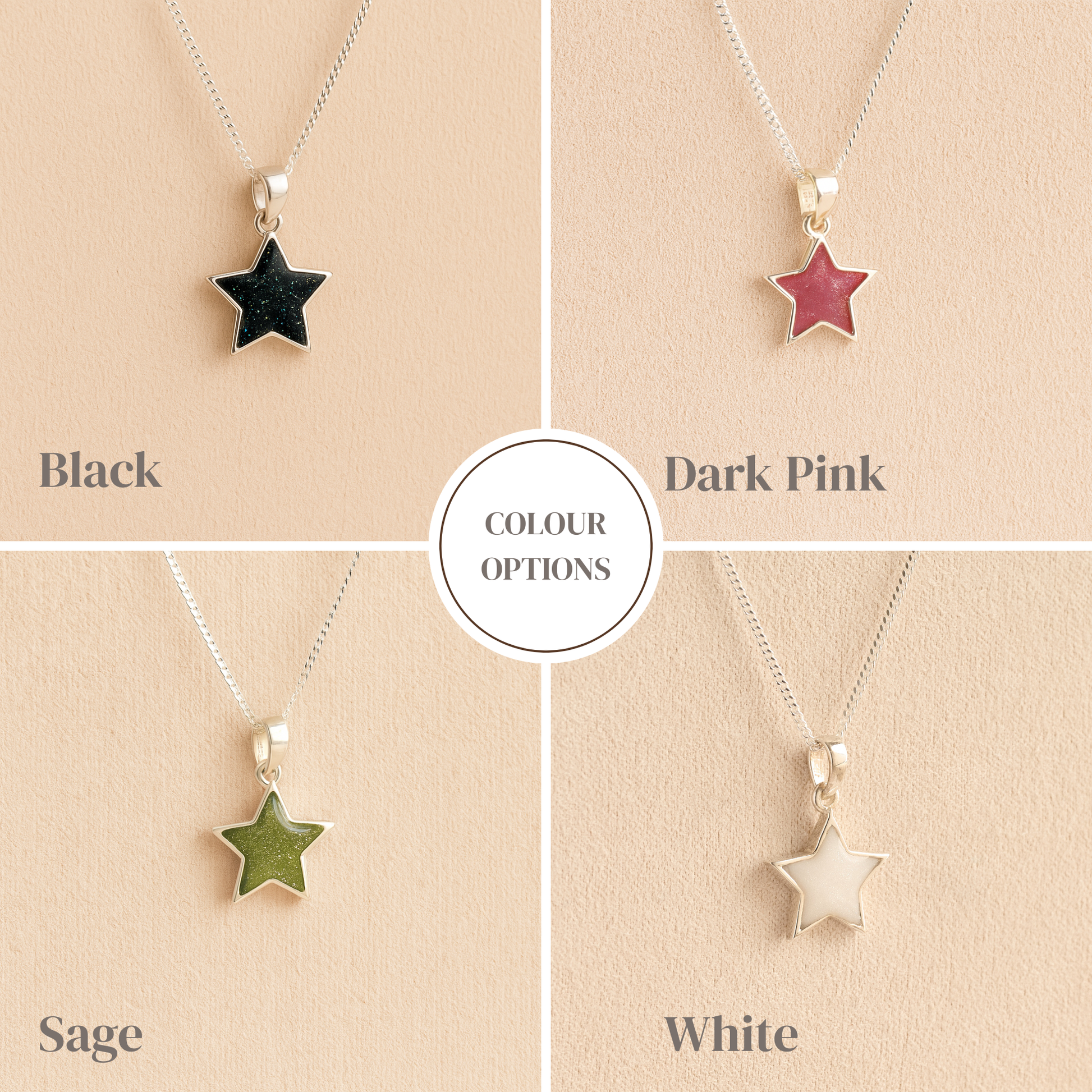 Silver star memorial necklaces with black, dark pink, sage and white resin colour examples on a beige background