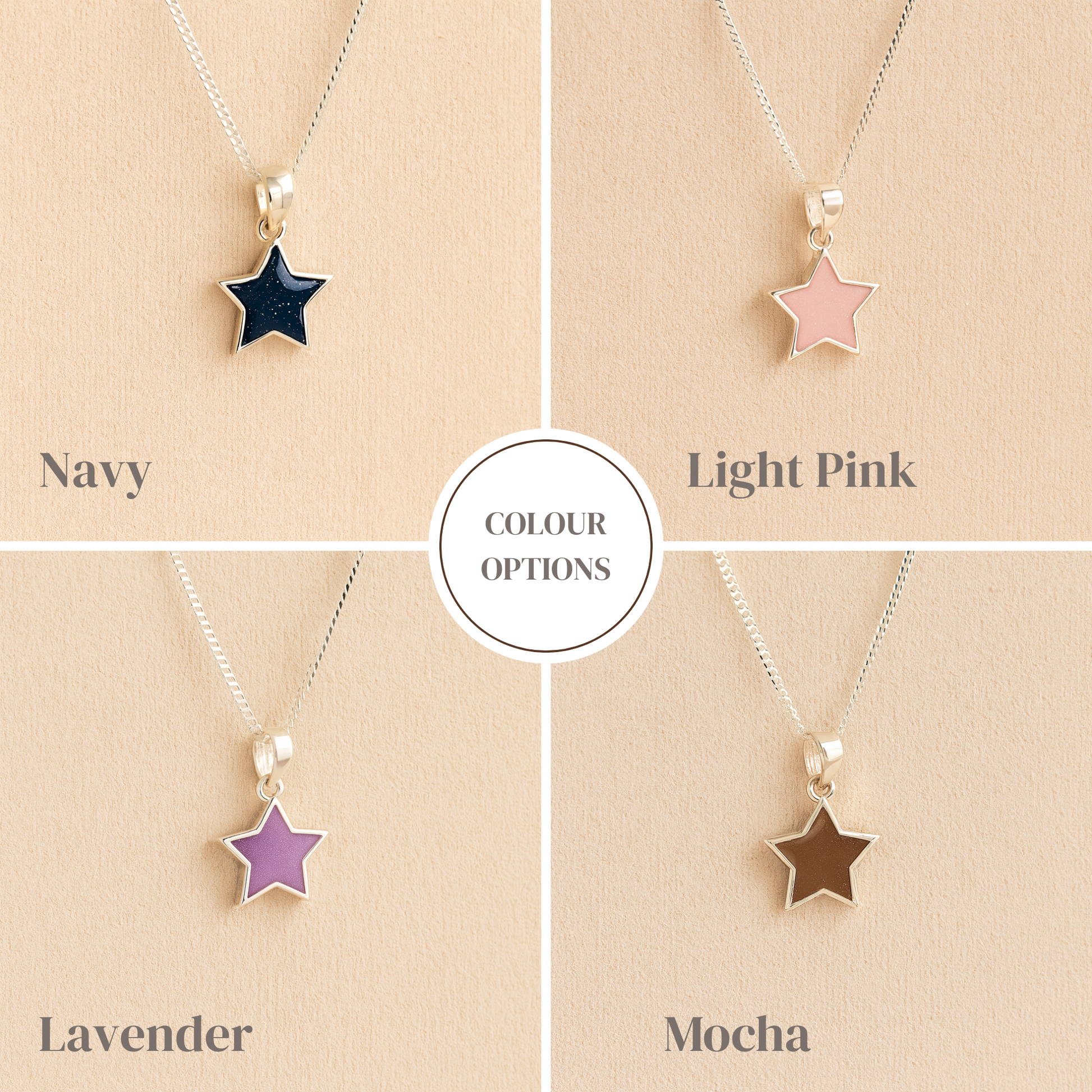 Silver star memorial necklaces with navy, light pink, lavender and mocha resin colour examples on a beige background