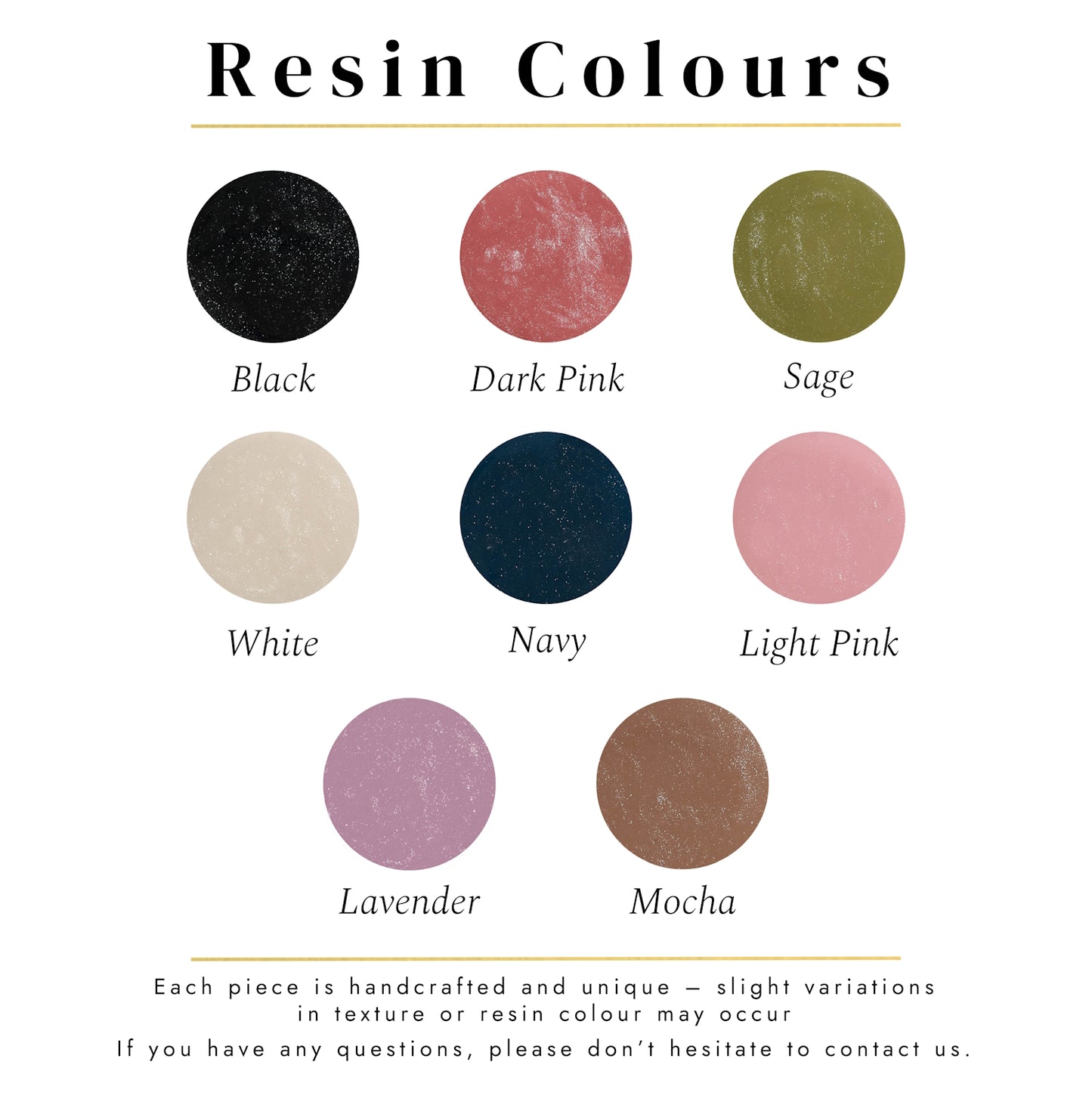 Resin colour guide for cremation ashes jewellery including sage, mocha, pink and lavender options