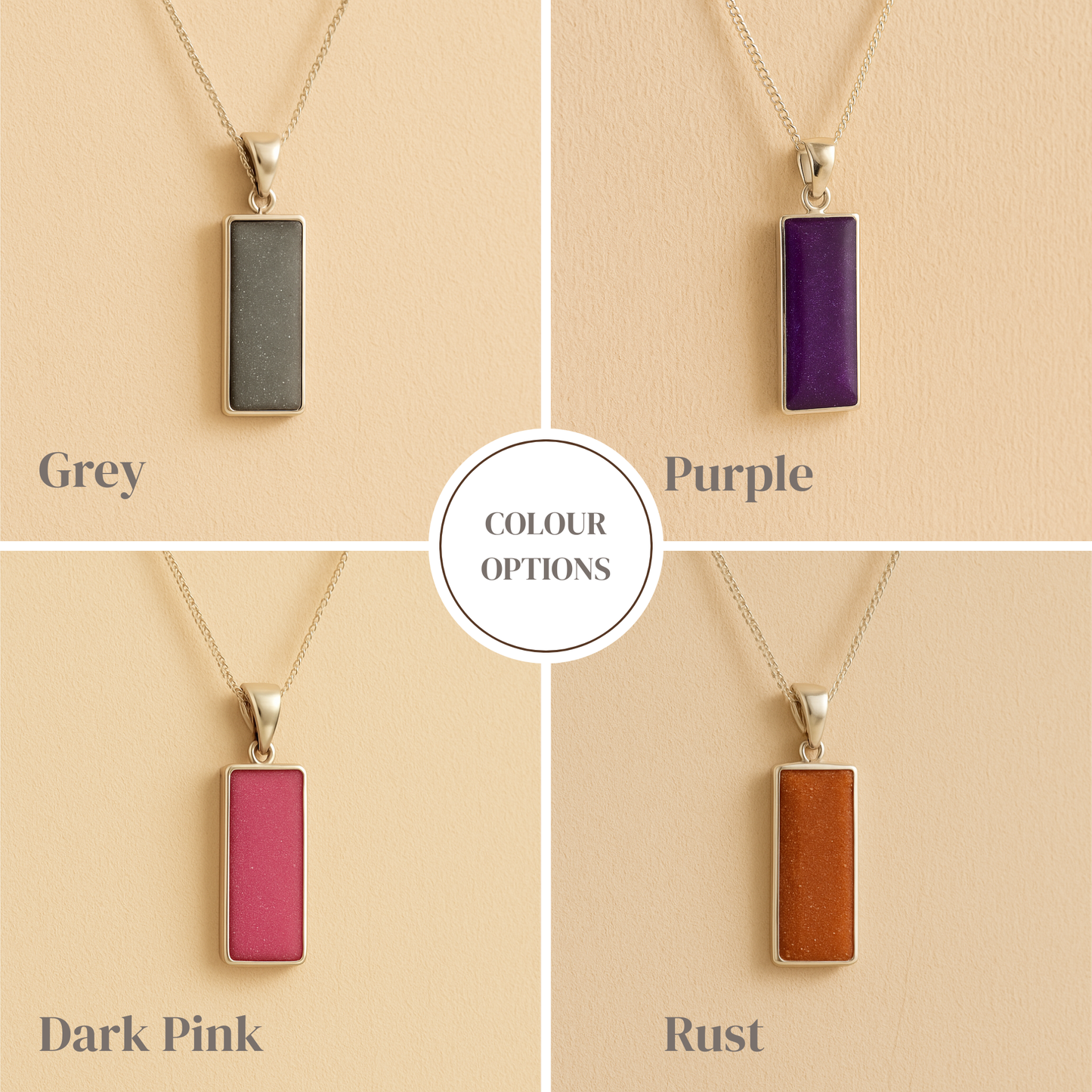 Four rectangle ashes pendant necklaces in different colors on a beige background with color options labeled.