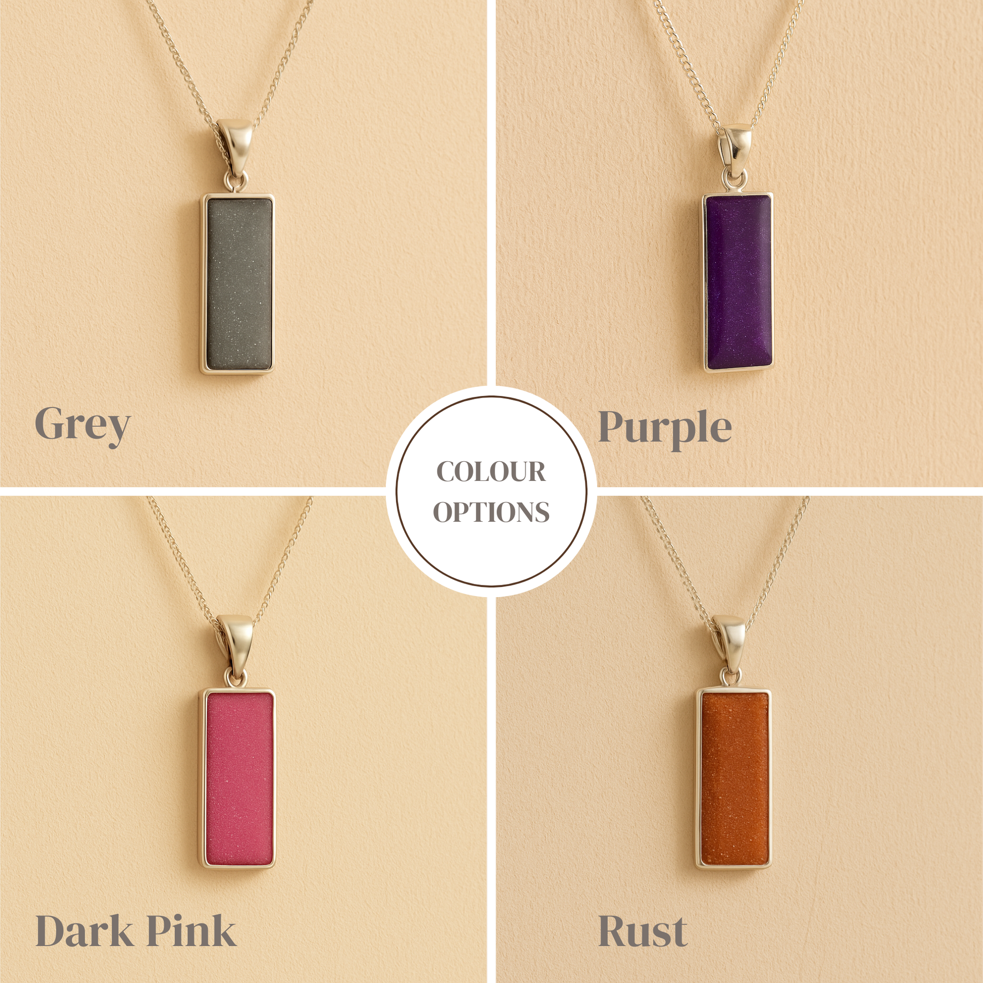 Four rectangle ashes pendant necklaces in different colors on a beige background with color options labeled.