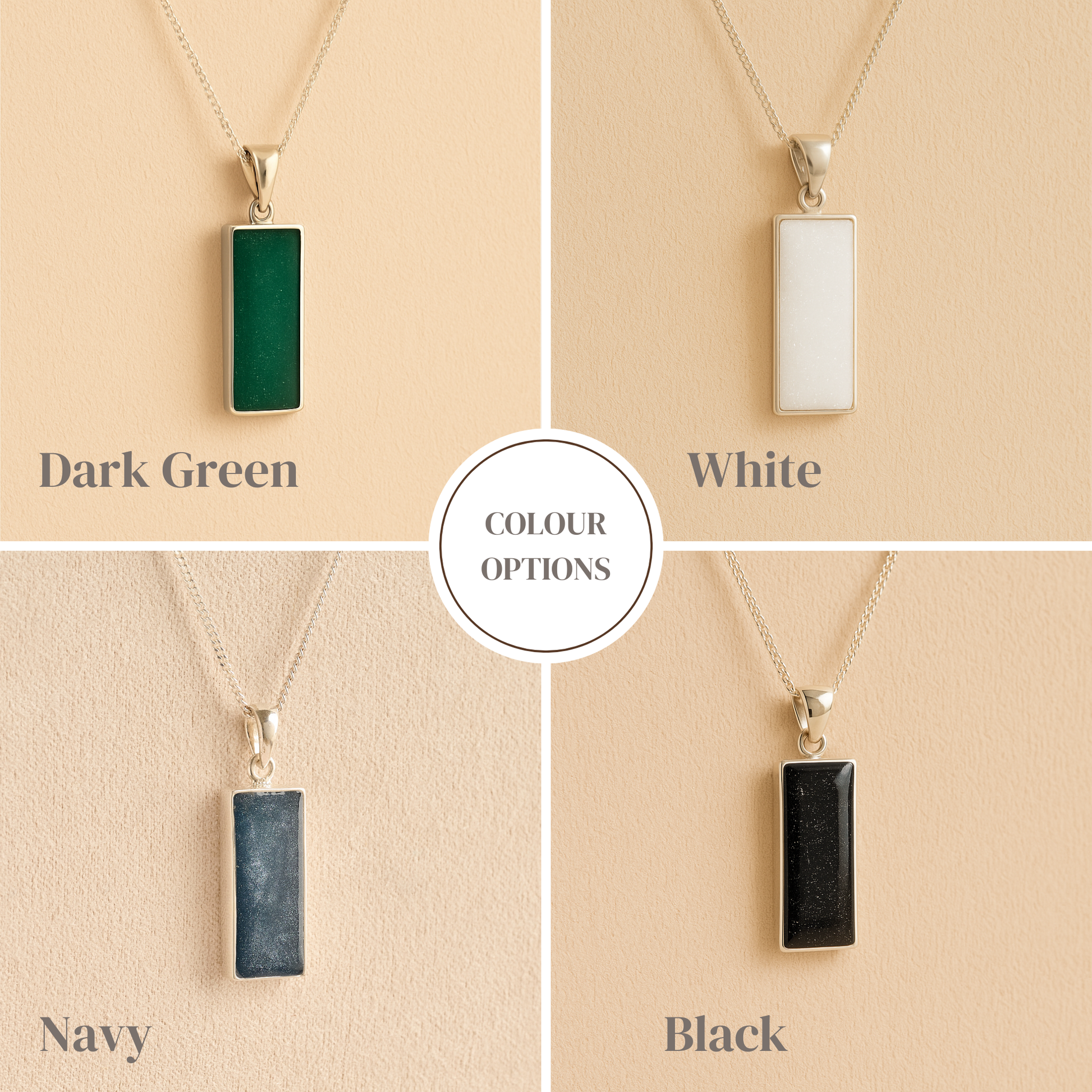 Four rectangle ashes pendant necklaces in different colors on a beige background with dark green, white, navy and black labeled.