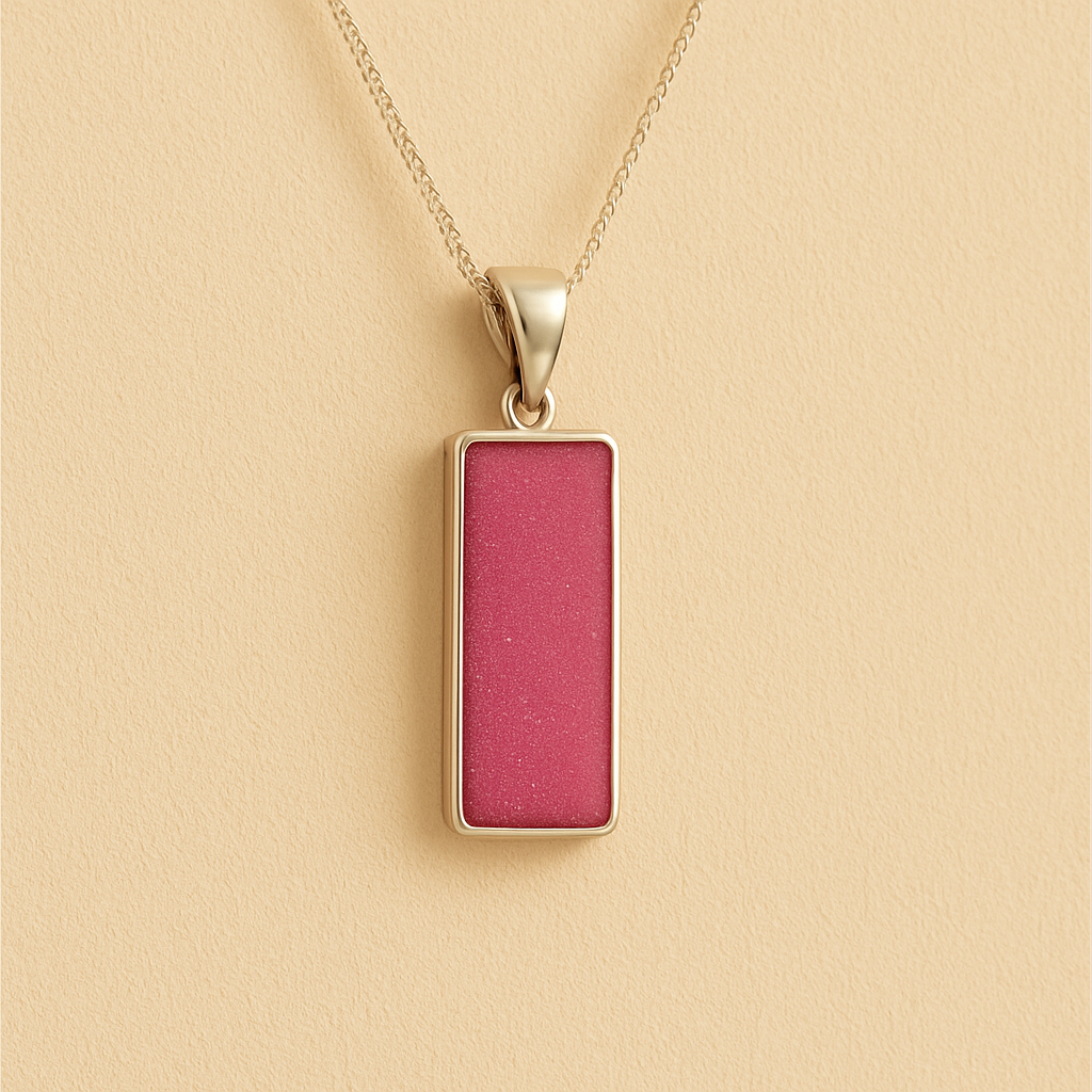 Men’s Cremation Ashes Rectangle Necklace with dark pink resin on a beige background