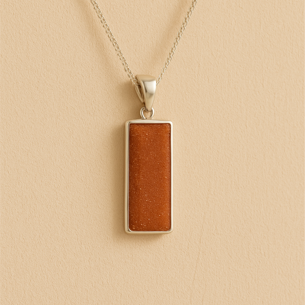 Men’s Cremation Ashes Rectangle Necklace with rust resin on a beige background