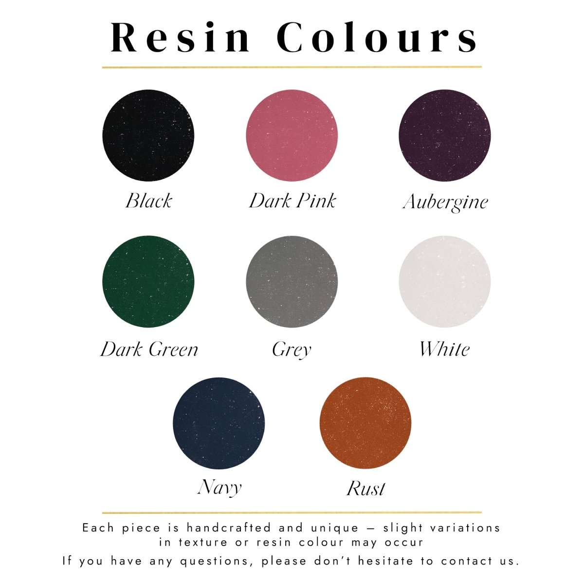 Color swatches of resin colors with labels on a white background