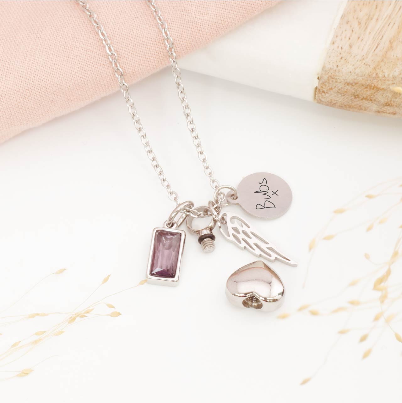 Personalised Angel Wing Heart Cremation Necklace with Fingerprint Engraving