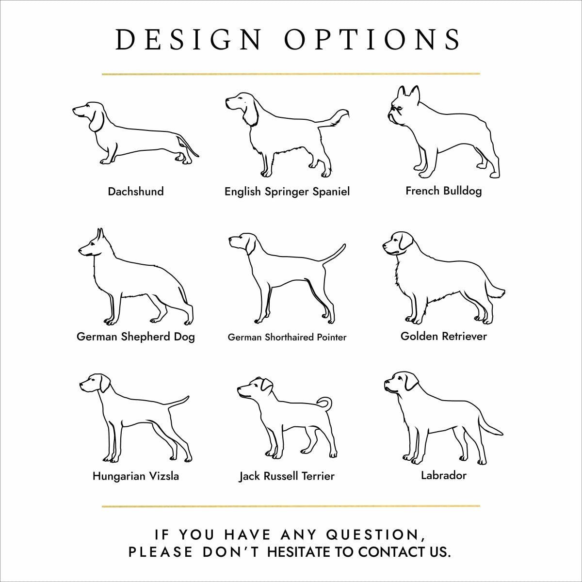 Pet urn engraving examples – dog silhouettes for dachshund, french bulldog, Golden Retriever, labrador and Jack Russell