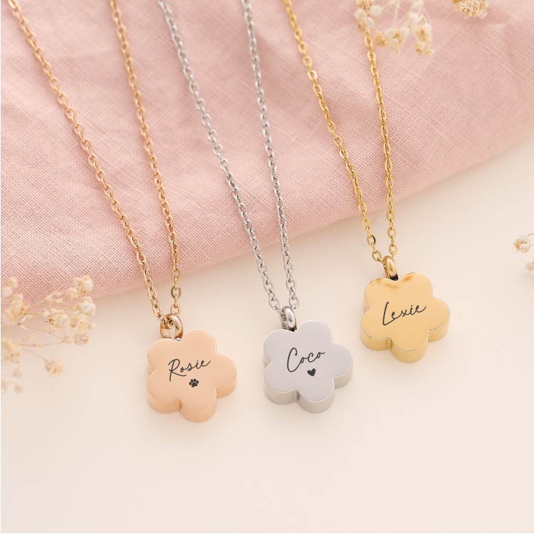 Personalised flower pet ashes necklace – engraved cremation jewellery for pet loss