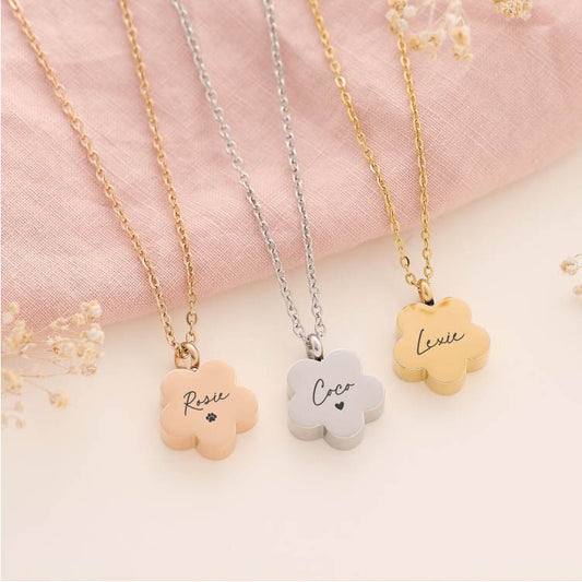 Personalised flower pet ashes necklace – engraved cremation jewellery for pet loss