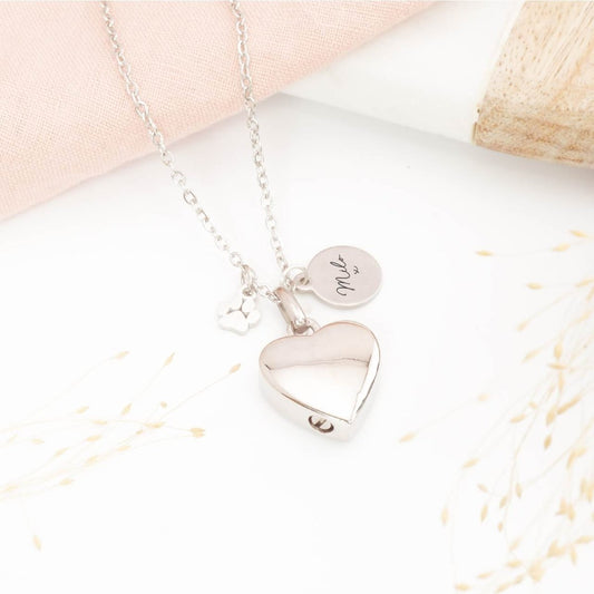 Personalised heart pet ashes necklace – memorial jewellery for pet loss, includes engraved tag and paw print charm