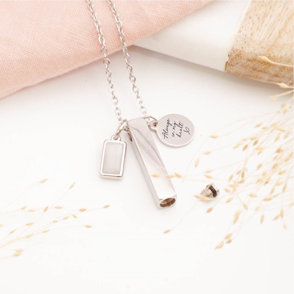 Engraved bar ashes necklace with personalised tag – contemporary bereavement jewellery for loss of a loved one