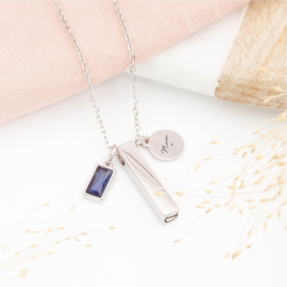 Personalised minimalist bar cremation necklace – modern memorial jewellery for ashes, sympathy gift for grieving parents
